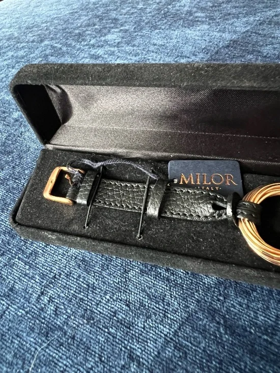 Milor Italy Bronze Leather Bracelet Black Strap Gold Tone Ring New in Box - Picture 15 of 16